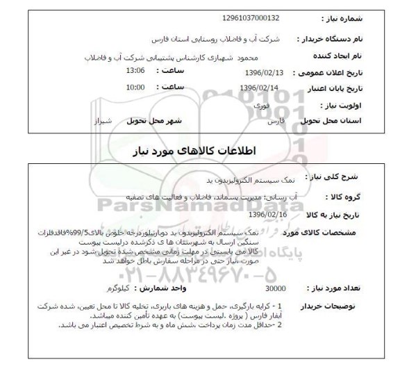 استعلام , استعلام نمک سیستم الکترولیز بدون ید