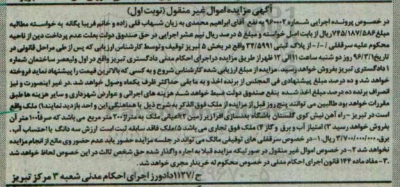 مزایده,مزایده ملک با اعیان دویست متر نوبت اول