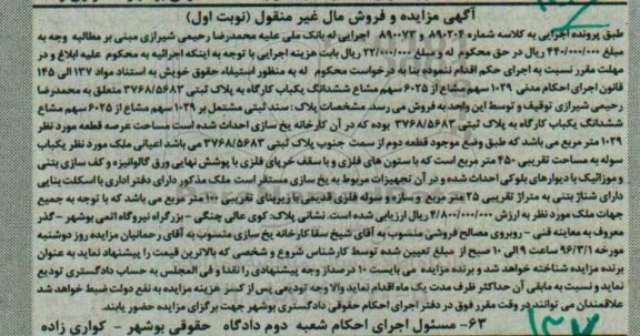 مزایده,مزایده 1029 سهم مشاع از 6025 سهم مشاع کارگاه