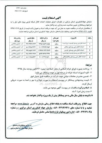 استعلام , استعلام اجرای عملیات احداث کانال شبکه فرعی پروژه ها 