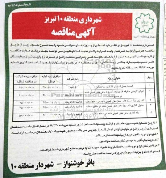 مناقصه , مناقصه احداث محل استقار کارگران ساختمان