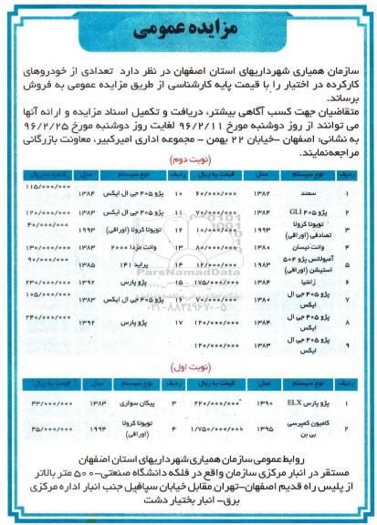 مزایده عمومی,مزایده  تعدادی از خودروهای کارکرد 96.2.20