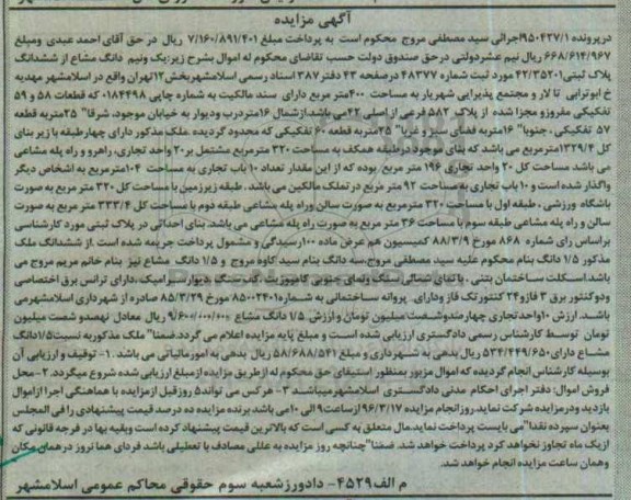 مزایده,مزایده یک و نیم دانگ مشاع از پلاک ثبتی بخش دوازده