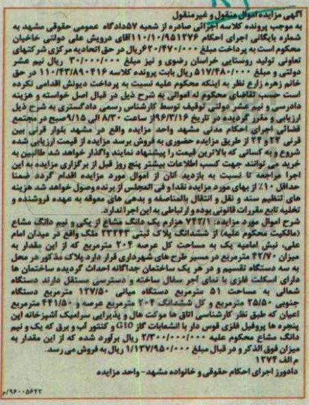 مزایده,مزایده ششدانگ پلاک ثبتی عرصه 204 متر