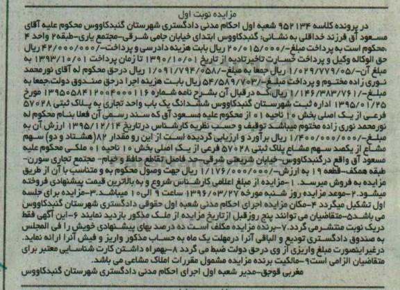مزایده,مزایده ششدانگ یکباب واحد تجاری به پلاک 57028 نوبت اول
