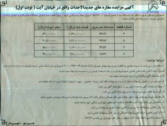 آگهی مزایده , مزایده واگذاری مغازه های جدیدالاحداث