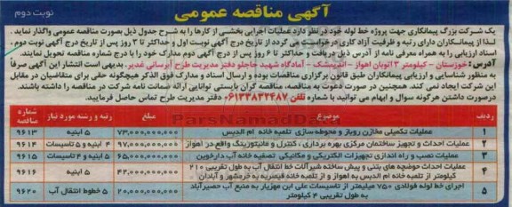مناقصه عمومی, مناقصه عملیات تکمیلی مخازن روباز و محوطه سازی تلمبه خانه ام الدبس ....نوبت دوم