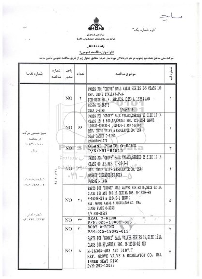فراخوان مناقصه عمومی , فراخوان مناقصه عمومی PARTS FOR GROVE BALL VALVE SEPIES B-S CLASS 150 REF و ...