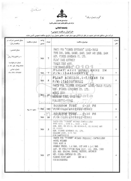فراخوان مناقصه عمومی, مناقصه PARTS FOR FISHER GOVERNOR