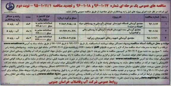 مناقصه های عمومی یک مرحله ای , مناقصه مجتمع آبرسانی قدمگاه.... نوبت دوم