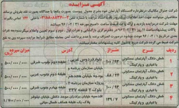 مزایده,مزایده فروش 4 دستگاه آپارتمان بصورت نقد