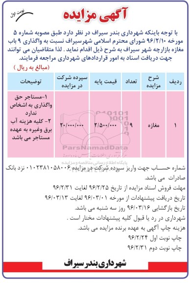 مزایده , مزایده واگذاری 9 باب مغازه بازارچه شهر  نوبت اول