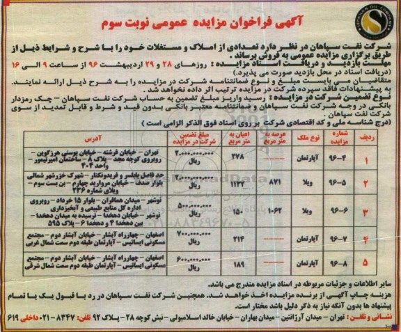 مزایده,مزایده فروش املاک و مستغلات آپارتمان و ویلا نوبت سوم