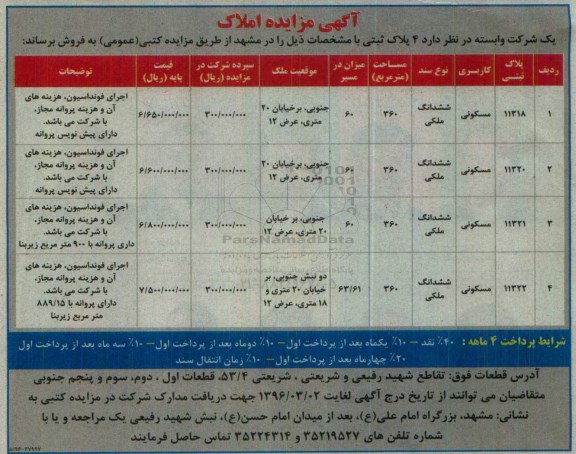 مزایده,مزایده فروش 4 پلاک ثبتی کاربری مسکونی