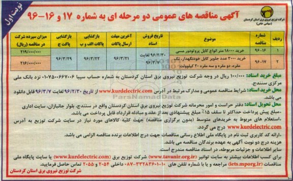 آگهی مناقصه ,خرید خرید 18000 متر انواع کابل پروتودور مسی ....