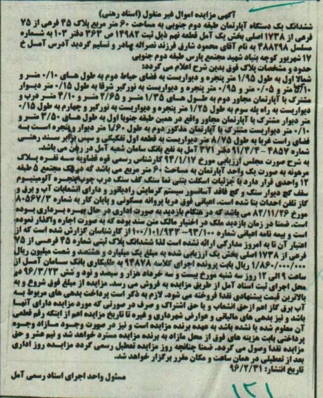 مزایده,مزایده ششدانگ اپارتمان مساحت شصت مترمربع 