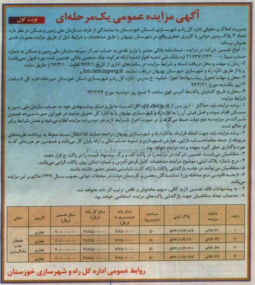 مزایده,مزایده فروش تعداد 4 پلاک زمین دولتی کاربری تجاری