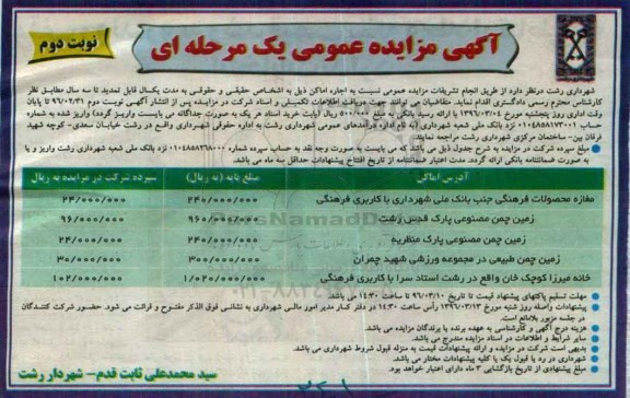 مزایده عمومی یک مرحله ای , مزایده اجاره مغازه محصولات فرهنگی جنب بانک ملی.....نوبت دوم