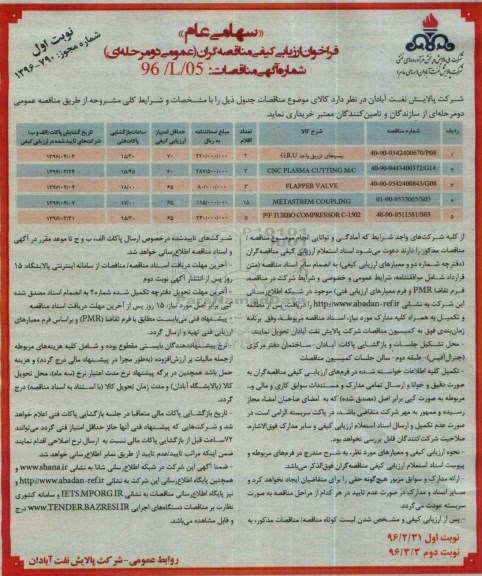 فراخوان ارزیابی کیفی مناقصه گران, مناقصه خرید پمپ های تزریق واحد G.R.U و ...