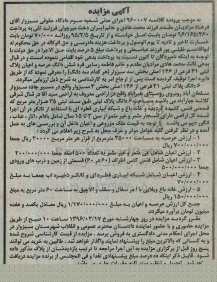 مزایده,مزایده ششدانگ پلاک ثبتی 41 فرعی بخش سه سبزوار