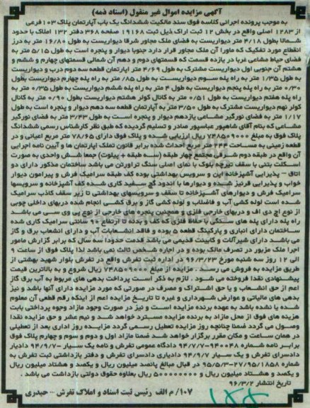 مزایده,مزایده سند مالکیت ششدانگ اپارتمان بخش 12 ثبت اراک