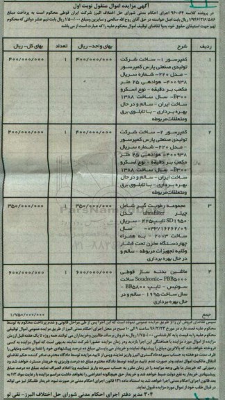 آگهی مزایده اموال منقول, مزایده فروش کمپرسور و ...