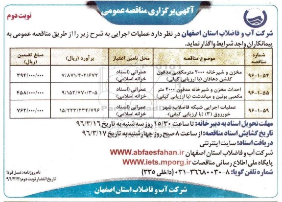 مناقصه عمومی, مناقصه عمومی عملیات اجرایی مخزن و شیرخانه 2000 متر - نوبت دوم