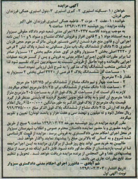 مزایده,مزایده 4.5 دانگ از ششدانگ منزل مسکونی بخش دو