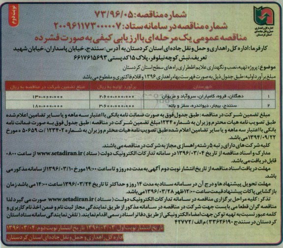 مناقصه عمومی یک مرحله ای ، مناقصه پروژه تهیه ، نصب و نگهداری علایم اضطراری راه ها- نوبت دوم