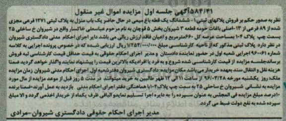 مزایده,مزایده پلاک های ثبتی باغ میمی نوبت اول