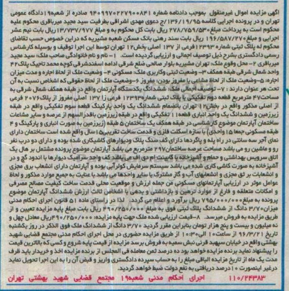 مزایده,مزایده ششدانگ اپارتمان مساحت 47 متر