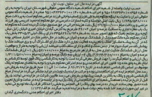 مزایده,مزایده یکباب مغازه تجاری مساحت 46.04متر
