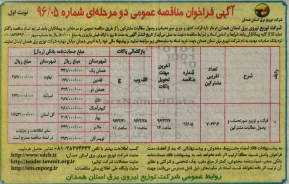 آگهی فراخوان مناقصه عمومی دو مرحله ای , فراخوان مناقصه قرائت کنتور و توزیع صورتحساب و وصول مطالبات مشترکین 