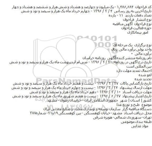آگهی مناقصه، مناقصه طبخ و توزیع غذا
