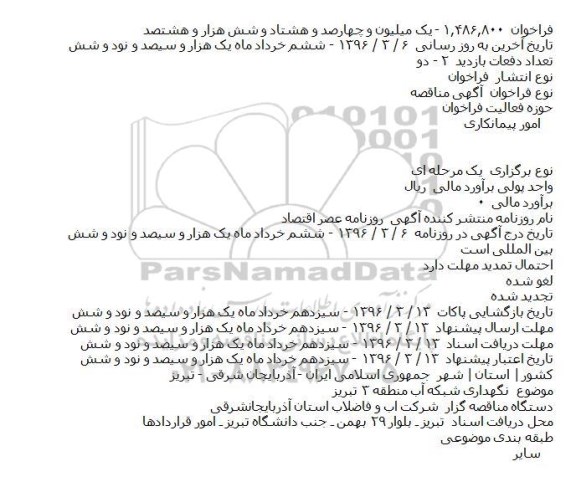آگهی مناقصه، مناقصه نگهداری شبکه آب منطقه ۳ تبریز