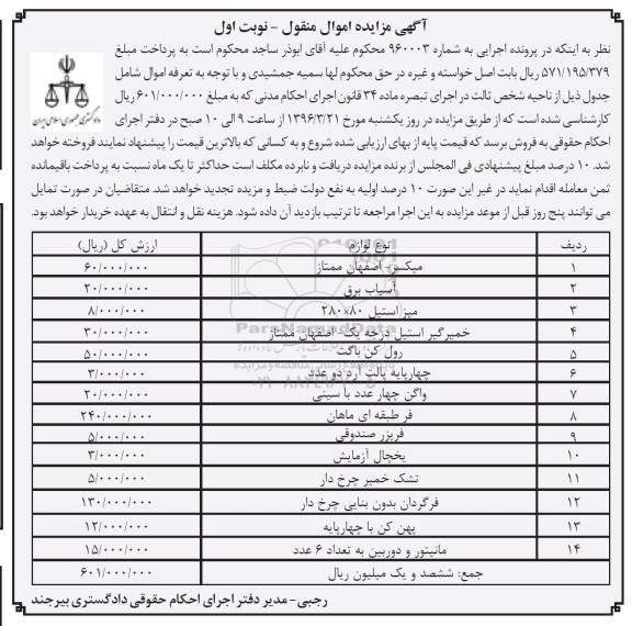 مزایده , مزایده میکسر - آسیاب برق... نوبت اول