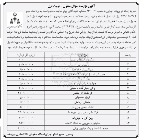 مزایده , مزایده میکسر - آسیاب برق... نوبت اول 