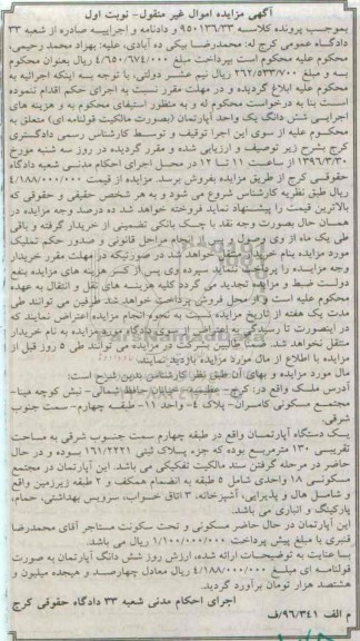 مزایده,مزایده اپارتمان مساحت تقریبی صد و سی متر