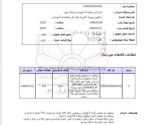 استعلام محلول ضد عفونی کننده غلیظ شده 