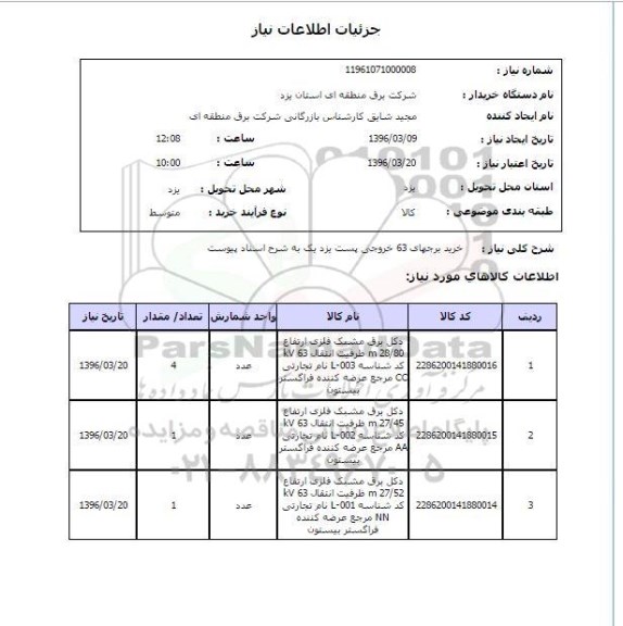 استعلام, استعلام خرید برجهای 63 خروجی پست یزد