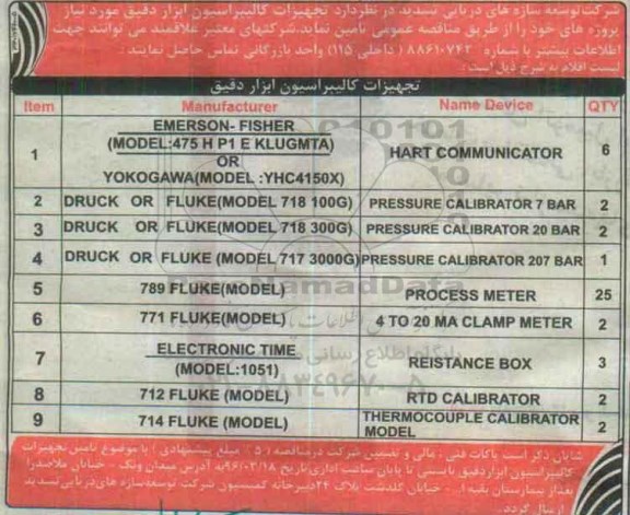 مناقصه, مناقصه تجهیزات کالیبراسیون ابزار دقیق مورد نیاز 