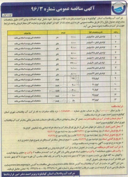 آگهی مناقصه عمومی, مناقصه خرید لوله - اتصالات و شیرآلات