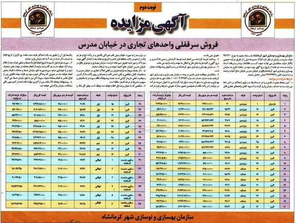 مزایده,مزایده فروش سرقفلی واحدهای تجاری نوبت دوم