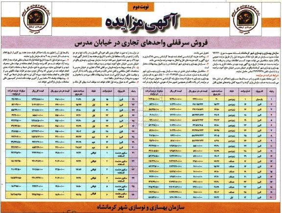 مزایده,مزایده فروش سرقفلی واحدهای تجاری نوبت دوم 