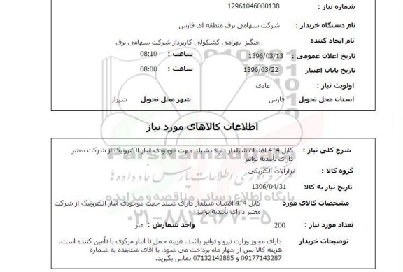 استعلام, استعلام کابل 4*4 افشان شیلدار