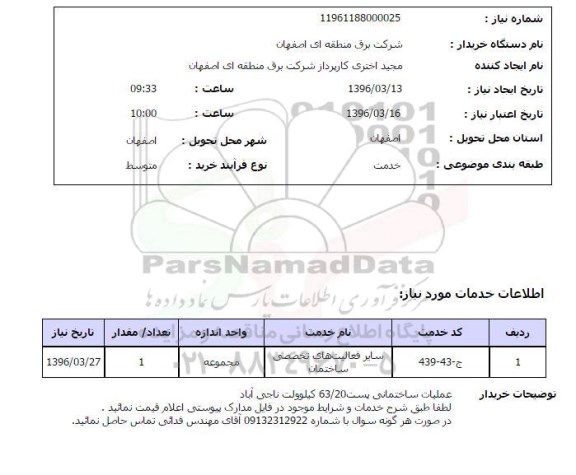 استعلام, استعلام عملیات ساختمانی پست 63/20 کیلوولت ناجی آباد