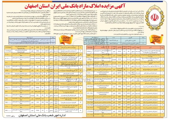 مزایده,مزایده املاک مازاد بانک ملی ایران استان اصفهان96.3.13