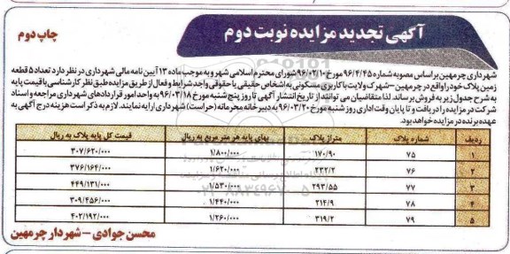 مزایده,مزایده تعداد 5 قطعه زمین پلاک کاربری مسکونی نوبت دوم