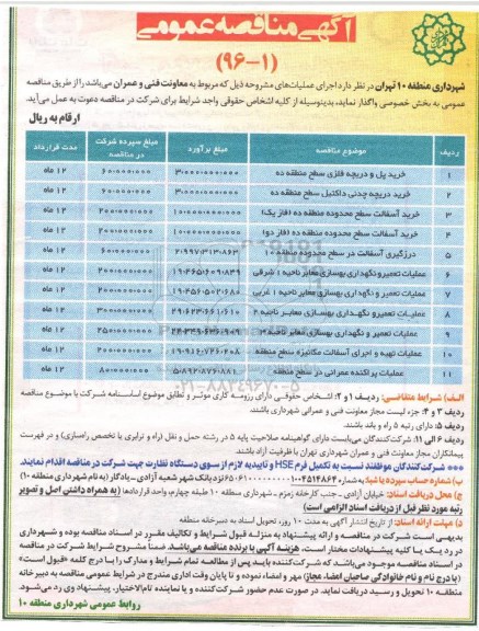 آگهی مناقصه عمومی , مناقصه عمومی خرید پل و دریچه فلزی سطح منطقه ده...- 96.3.17