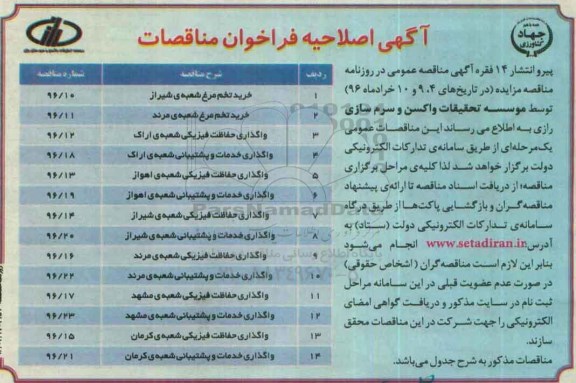 آگهی اصلاحیه فراخوان مناقصات , فراخوان مناقصه خرید تخم مرغ شعبه شیراز اصلاحیه